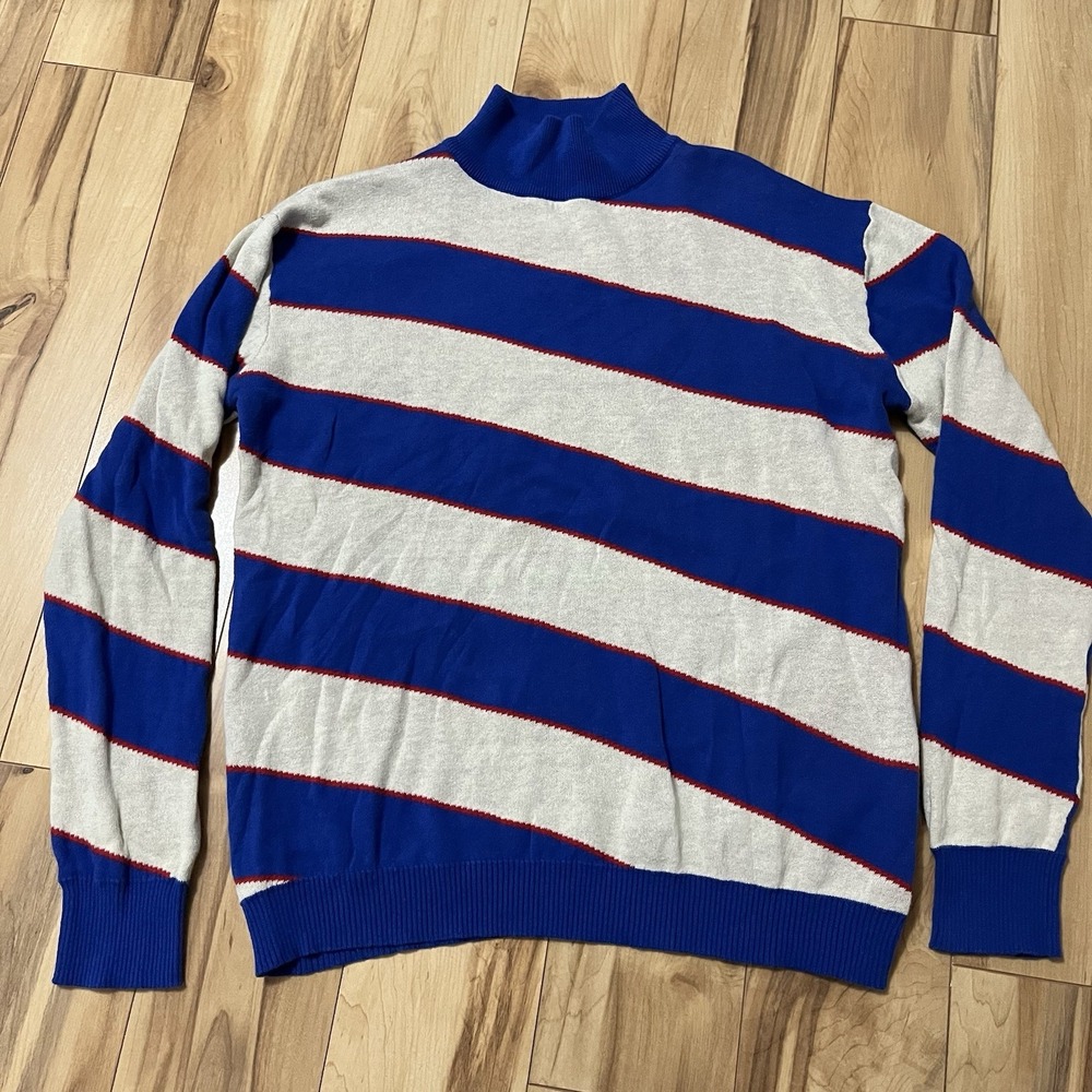 Oxknit Womens Retro Diagonal Stripe Sweater Cotton Blue White Sz M Mock Neck